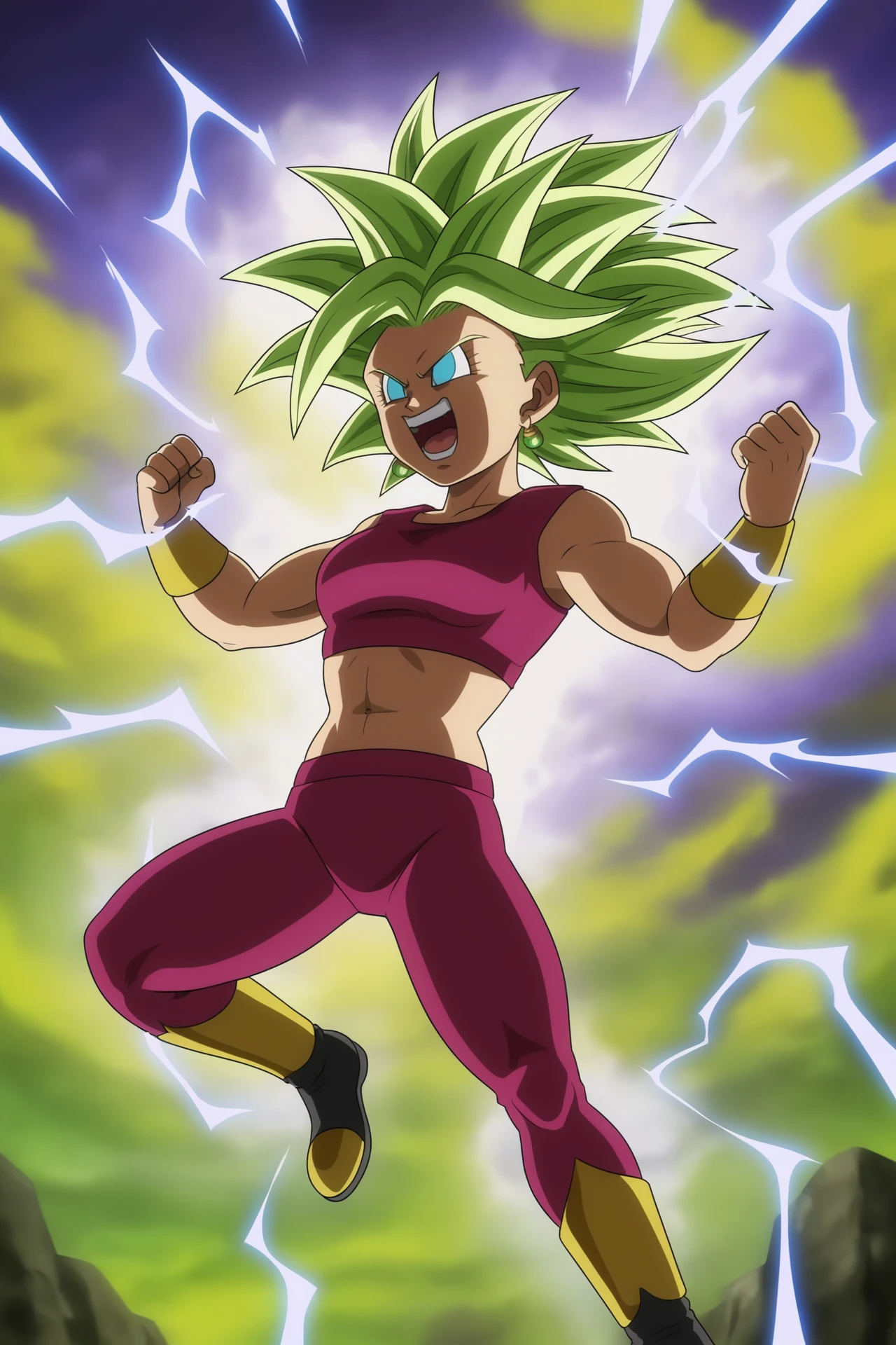 source_anime, score_9, score_8_up, score_7_up, anime screencap, high quality, 8k, absurdres, 
kefla \(dragon ball\), super saiyan 2, official style, 1girl, solo, looking at another, smile, spiked hair, big hair, green hair, eyelashes, blue eyes, potara earrings, purple topwear, tank top, midriff, navel, vambraces, form fitting, yoga pants, purple bottomwear, boots, two tone footwear, yellow footwear, full body, v-shaped eyebrows, arms up, tongue, teeth, open mouth, collarbone, fingernails, clenched hands, green sky, mountainous horizon, rock, aura, electricity, bare shoulders
 <lora:kefla_remake_pony_v1:0.8>