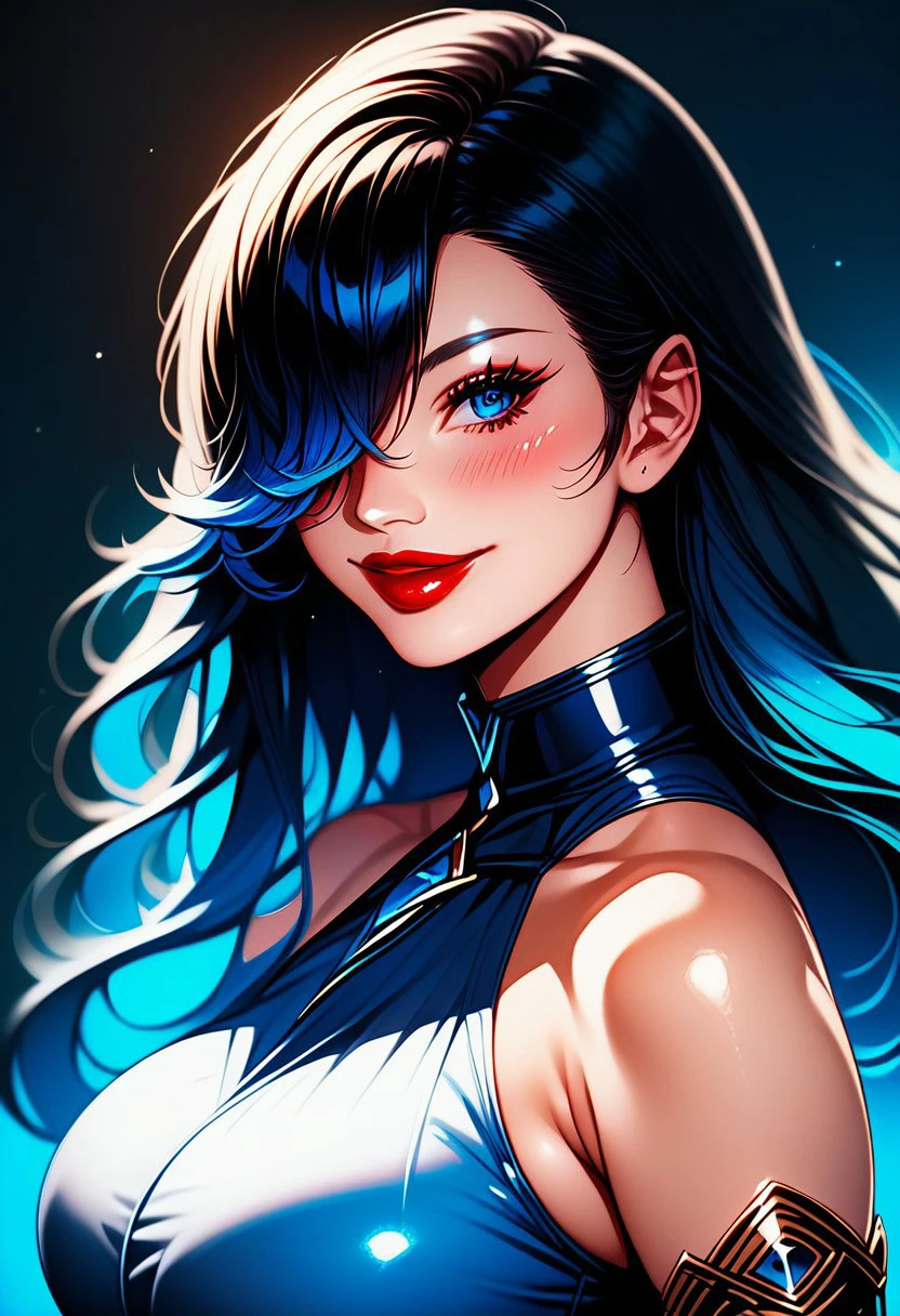 score_9, score_8_up, score_7_up, 
43th3rl4c3w0rks, 
rating_safe,  1girl, solo, long hair, breasts, looking at viewer, blush, smile, bangs, blue eyes, large breasts, black hair, closed dress, gloves, dress, bare shoulders, closed mouth, blue hair, upper body, multicolored hair, elbow gloves, hair over one eye, collar, lips, gradient hair, red lips,