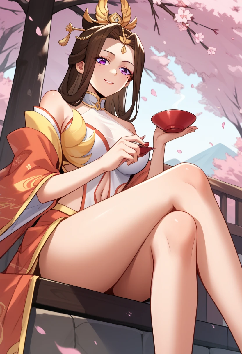 score_9, score_8_up, score_7_up,source_anime,Luo wuqing,Luo dress,Purple eyes,Mole under eye,Brown hair,Hair ornament, cherry blossoms, cherry_trees, crossed legs, tea, smile, petals