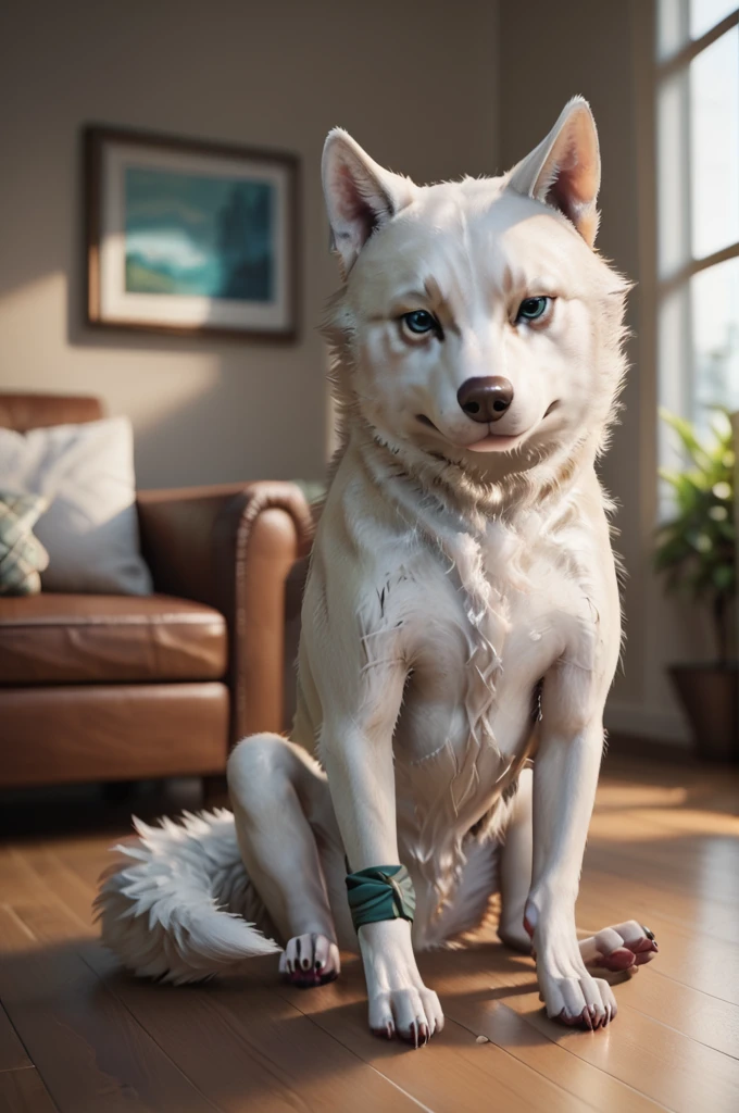 source_furry, score_9, score_8_up, score_7_up, (pryna_xv, dog, feral), white fur, detailed fur, furry, fluffy, blue eyes, detailed eyes, paws, tail, green bandage, <lora:FF_Pryna08:0.8>, indoors, living room, sitting, look to viewer, zPDXL2, zPDXLpg, zPDXLrl, shaded, best quality, highly detailed, extreme detail, photorealistic