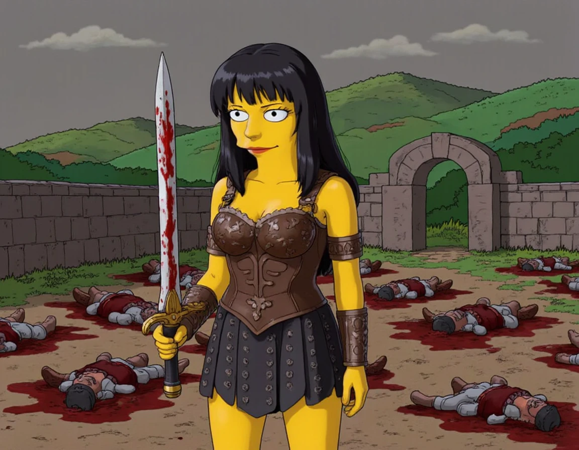 xena, Simpsonize, cartoon, wearing her usual attire of a metal breastplate with a brown corset beneath, she is standing in the middle of an ancient field with her bloody sword drawn and slain foot soldiers lying on the ground in pools of blood, her expression is one of grim satisfaction  <lora:flux_xena_640_newest:1.2>   <lora:Simpsons:1>