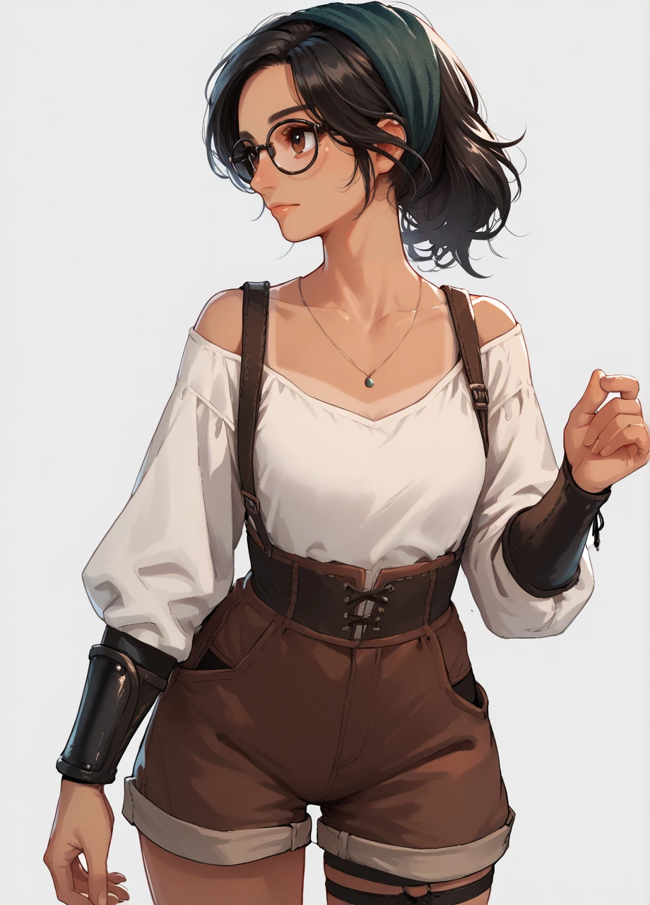 1girl, solo, mhralma, black hair, brown eyes, tan, glasses, hairband, necklace, white shirt, long sleeves, collarbone, black straps, black bracers, shorts, cowboy shot, simple background <lora:MHW_Alma-PONY:0.8>, score_9, score_8_up, score_7_up, score_6_up,