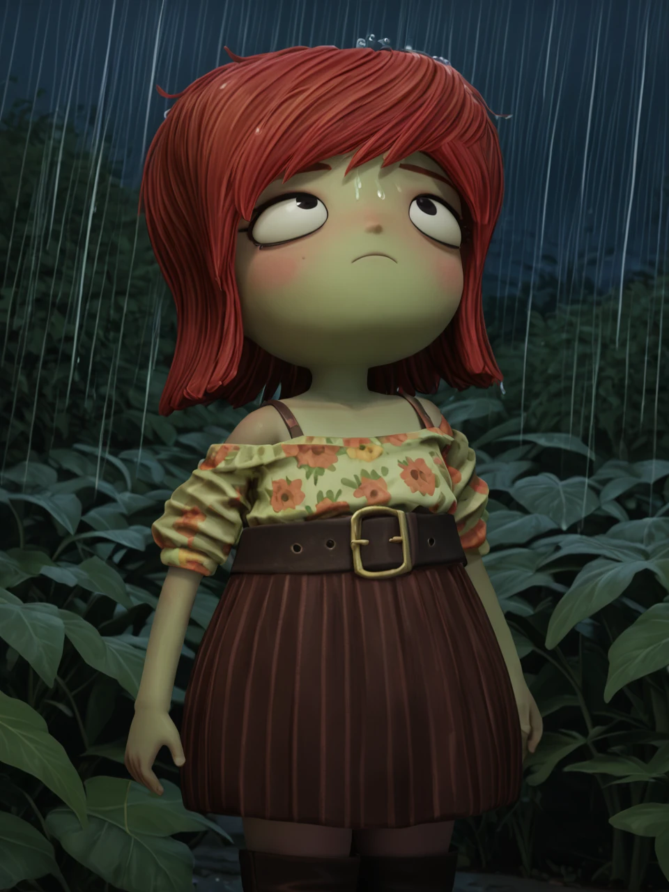 score_9, score_8_up, score_7_up, BREAK, S4mB00le, 1girl, solo, short hair, red hair, black eyes, green skin, off-shoulder shirt, floral print, belt, skirt, boots, night, raining, wet hair, bend head back, looking up, squinting, raindrops on face <lora:Sam_Boole:1>