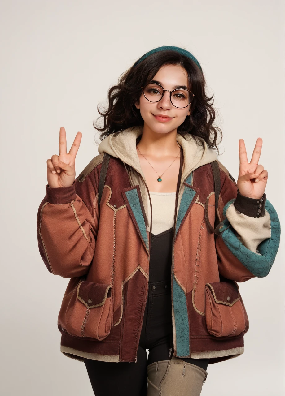 1girl, solo, mhralma, wavy hair, black hair, brown eyes, tan, glasses, hairband, necklace, jacket, pants, cowboy shot, looking at viewer, smug, double v, simple background, photo <lora:MHW_Alma-PONY:0.8>, score_8_up, score_7_up, score_6_up, score_5_up, score_4_up,