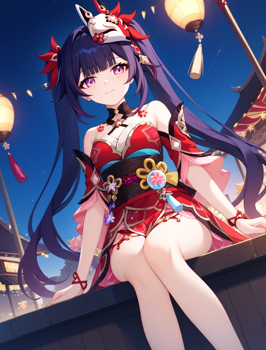   (masterpiece, best quality), absurdres, (masterpiece), best quality, game cg,  absurdres, anime style, newest, score_9_up, score_8_up, score_7_up, score_6_up, score_5_up, score_4_up, score_3_up BREAK (masterpiece, best quality), absurdres, long eyelashes,  BREAK   <lora:Sparkle_Honkai_Star_Rail:1>,  Sparkle, dutch angle, cowboy shot,   perfect hands,  solo, festival, sitting,