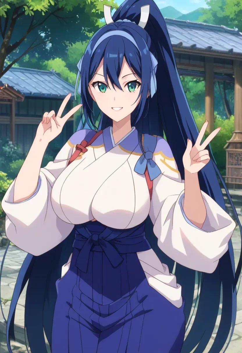 score_9, score_8_up, score_7_up, score_6_up,
masterpiece, source_anime,

1girl, solo,

Kanae, very long hair, ponytail, blue hair, long hair,

japanese clothes, blue hakama,

forest, outdoors, v, hand sign, looking at viewer, smile,