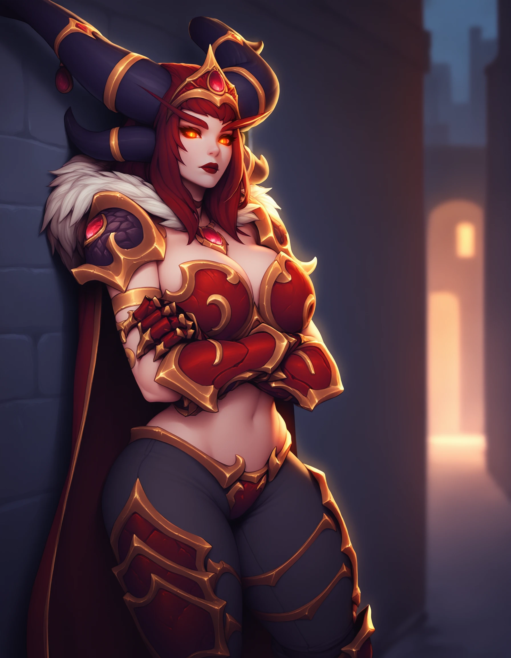 (masterpiece, best quality:1.1), 
1girl, solo,
<lora:AlexHotS_v2_Illustrious:0.9>
AlexBase, 
orange eyes, glowing eyes, red lipstick, gold-lined horns, long eyebrows, large breasts, 
tiara, armlet, chest armor,  midriff, pants, greaves, gauntlets, wide hips,
gem shoulder pads, fur trim, red cape,
standing, street, alley, against wall, leaning back, looking at viewer, turning, crossed arms, night, depth of field, [looking at viewer:3]