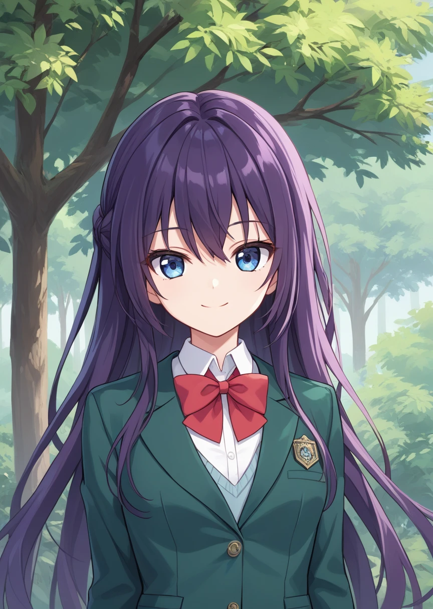 score_9, score_8_up, score_7_up, score_6_up, score_5_up, BREAK
Alm4, Human, female, source_anime, 1girl, solo, long hair, looking at viewer, smile, blue eyes, shirt, bow, school uniform, jacket, upper body, purple hair, red bow, tree, green blazer