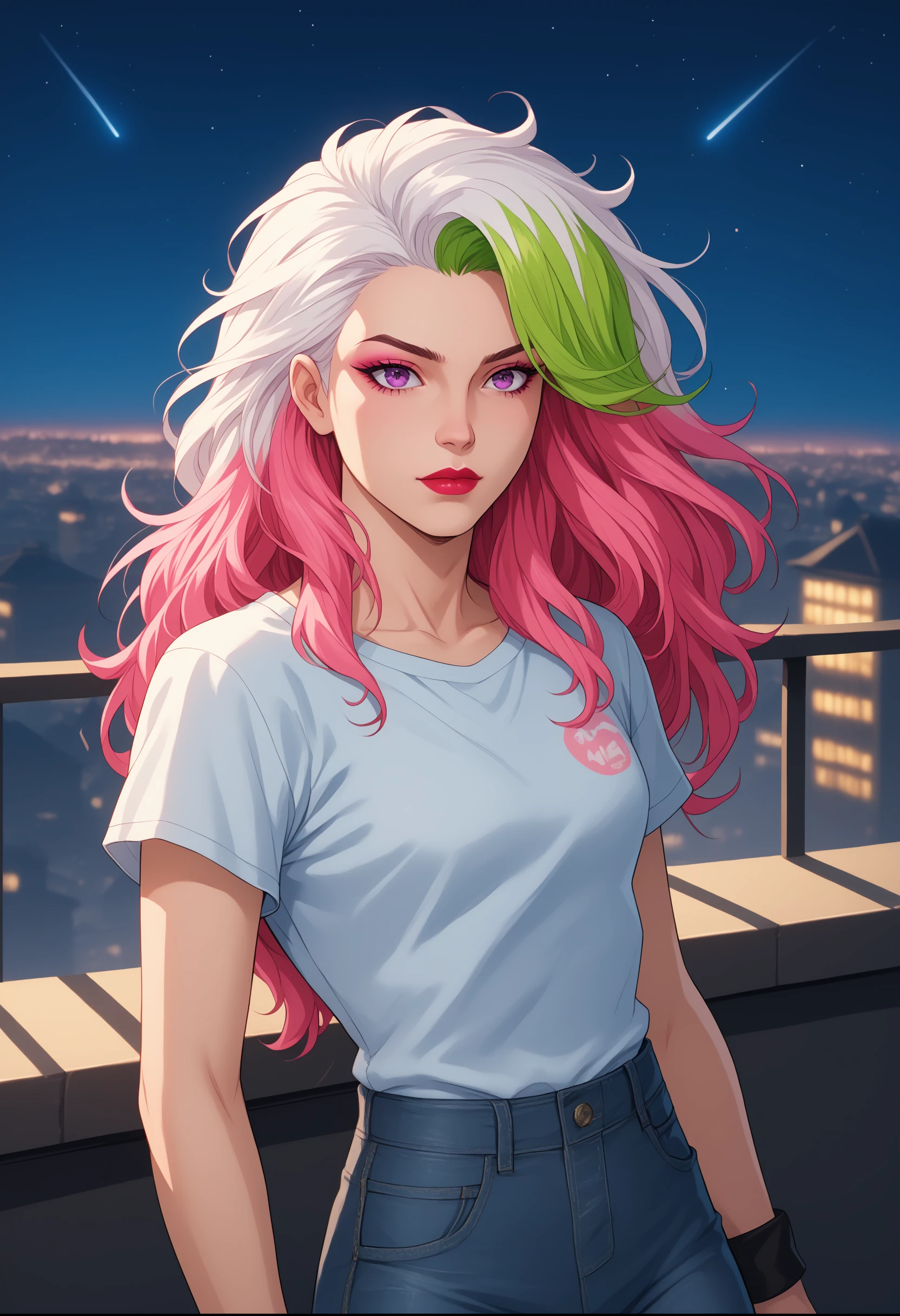 1boy, solo, transgender male, two tone hair, multicolored hair, white hair, pink hair, red hair, green hair, purple eyes, long hair, wearing a black and pink anime tshirt, denim jeans, makeup, wristband, lipstick, jewelry, depth of field, balcony, cityscape, beautiful night sky, (summer:1.2), wind swept hair, (specular highlights : beautiful lighting : volumetric lighting:1.05), fxaa , source_cartoon, comic art style BREAK PonyXLV6_Scores