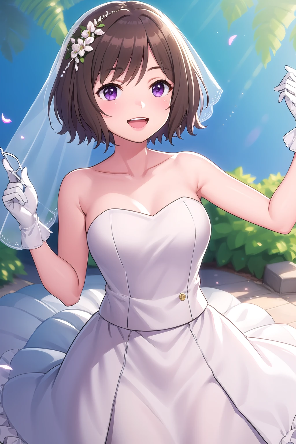 (masterpiece, best quality), highly detailed background, perfect lightingbest quality, neoasari, solo, outdoors, nature, bridal veil, brown hair, bangs, short hair, purple eyes, medium breasts, wedding dress, white dress, white gloves, frilled skirt, smile, open mouth, :d, pink lips, <lora:Neo-Asari:0.7>