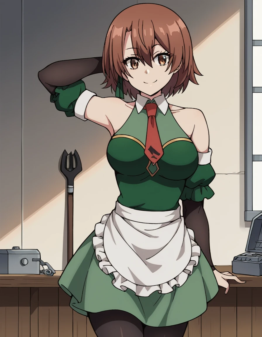 score_9, score_8_up, score_7_up, source_anime, <lora:lola-metrose-s1-ponyxl-lora-nochekaiser:1>, lola metrose, short hair, brown hair, hair between eyes, brown eyes, large breasts, dress, bare shoulders, pantyhose, detached sleeves, necktie, apron, black pantyhose, maid, red necktie, waist apron, white apron, green dress, short necktie,, workshop, tools, workbench, projects, machinery, smile, hand behind head, , looking at viewer, solo,, dutch angle, cowboy shot