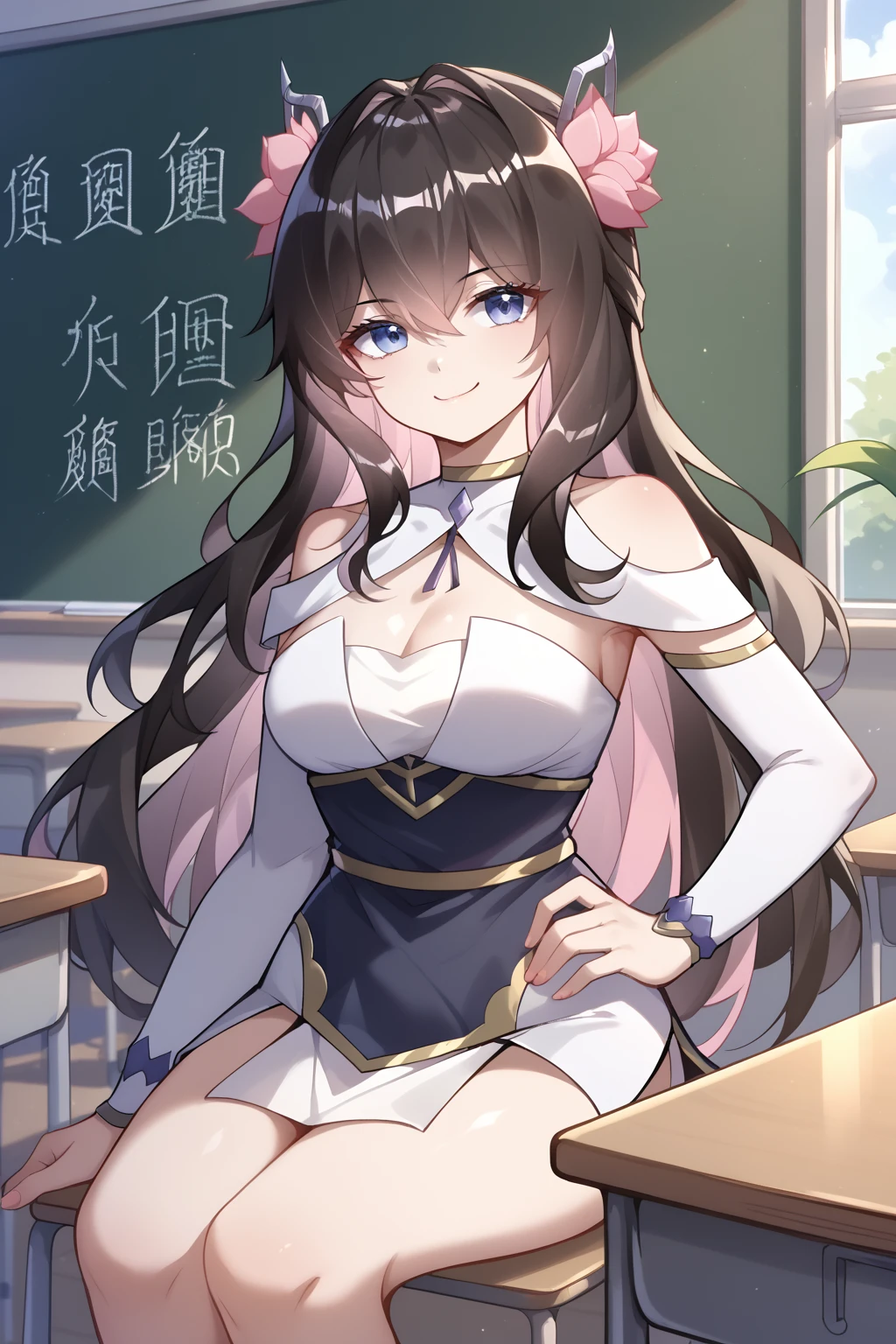 score_9, score_8_up, score_7_up,source_anime,detailed background,1girl,Qin Xuange,long hair, dress, hair ornament, flower, breasts, pink flower, hair flower, white dress, bare shoulders, bangs, cleavage, detached sleeves, black hair, hair between eyes, chinese clothes,classroom, chalkboard, day time, studying, sitting, chair, desk,smile, smug, hand on hips,looking at viewer,dutch angle, cowboy shot