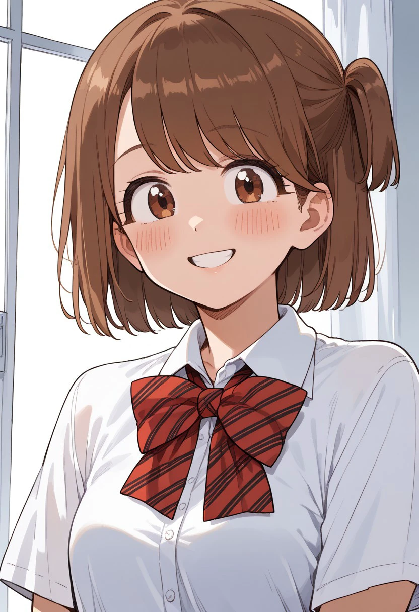 score_9, score_8_up, score_7_up, 
aseshibuki, 1girl, brown hair, brown eyes, smile, bow, shirt, blush