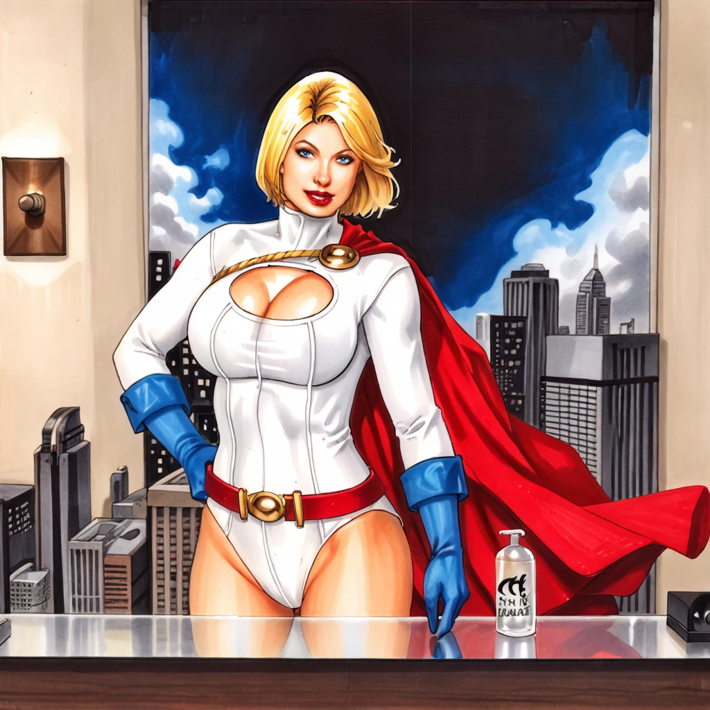 <lora:chrisfoulkes_pony_v2:1>score_9, chrisfoulkes_style, crhisfoulkes, source_artwork, traditional media, <lora:powergirl_pony_v1:0.7> powergirl, 1girl, large breasts, blonde hair, cleavage cutout, red cape, blue gloves, clothing cutout, blue eyes, leotard, superhero, belt, short hair, turtleneck, hands on hips