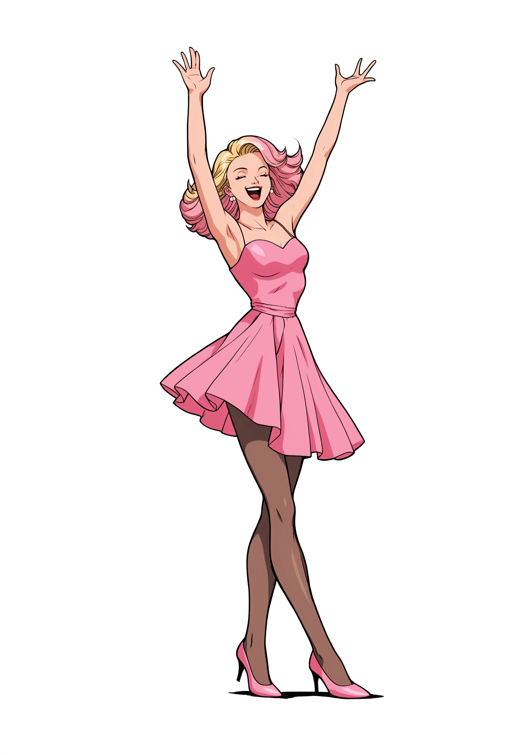 pprdl1z, pantyhose, pink hair, retro artstyle, high heels, 1girls, dress, arms up, happy, dancing, 1980s , (style), fashion, blonde hair, white background, simple background, shoes PonyXLV6_Scores