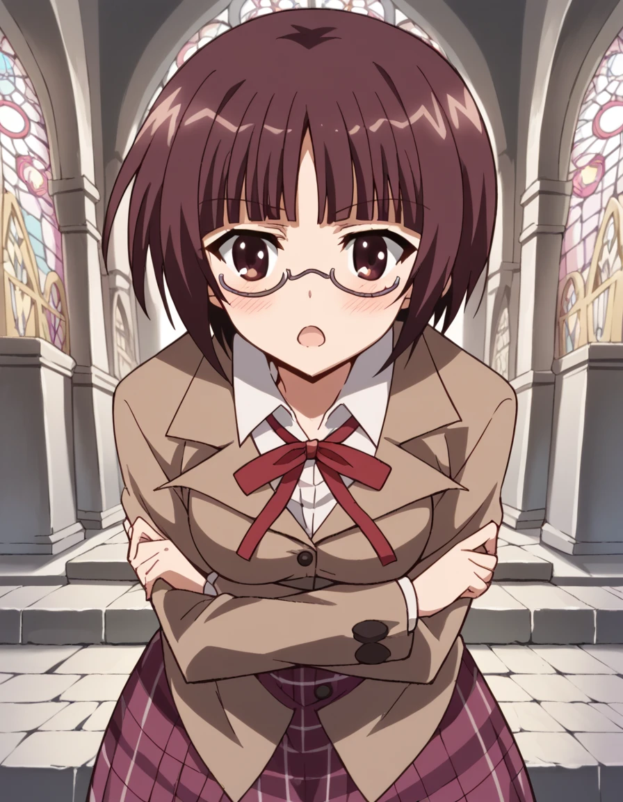 score_9, score_8_up, score_7_up, source_anime, <lora:luna-minase-s2-ponyxl-lora-nochekaiser:1>, luna minase, short hair, brown hair, brown eyes, glasses, bob cut, under-rim eyewear, medium breasts,, skirt, school uniform, plaid, plaid skirt, shirt, white shirt, collared shirt, jacket, long sleeves,, castle, stone, towers, medieval, royalty, , <lora:x-arms-ponyxl-lora-nochekaiser:1>, x arms, blush, open mouth, leaning forward,, looking at viewer, solo,, dutch angle, cowboy shot