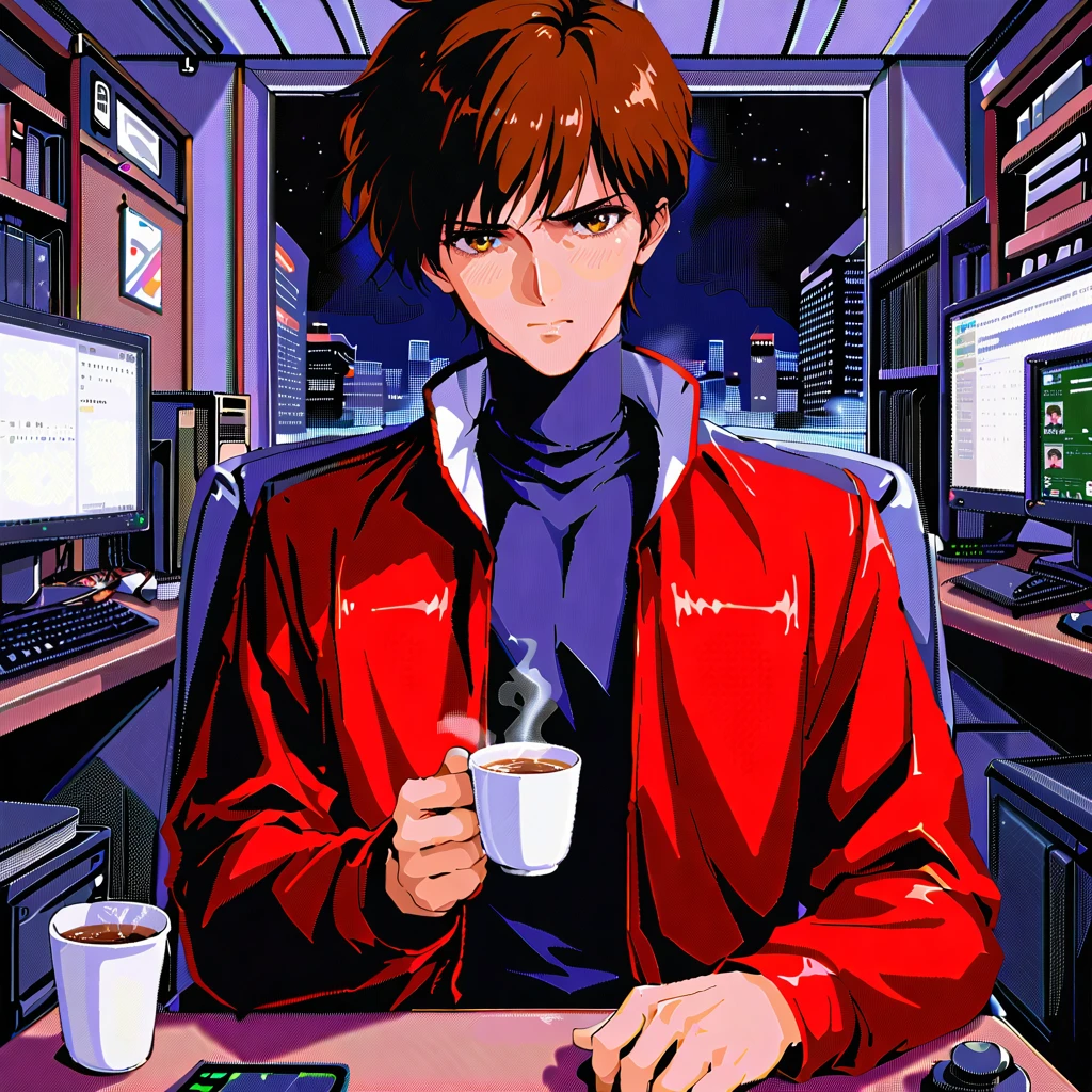 score_9, score_8_up, source_anime, <lora:Armist_Mon-Mon:1>, 1boy, brown hair, short hair, red jacket, office, science fiction, sitting on chair, monitor, thinking, dark blue turtleneck, night, solo, window, [[holding cup, tea, steam]], looking at viewer