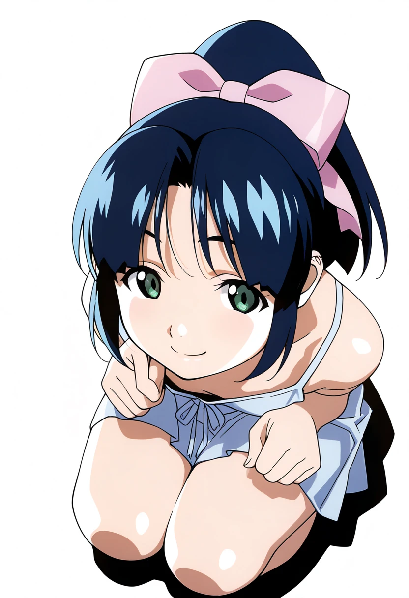 masterpiece,best quality,good quality,1girl,solo,
<lora:ayano_ilxl_v1:1>,ayano,blue hair,ribbon,ponytail,green eyes,<lora:Fixhands_anime_bdsqlsz_V1:1>,smile,white background,simple background,looking at viewer,bow,from above,squatting,hair bow,, masterpiece,best quality, very aesthetic, absurdres, ultra detailed, high resolution, 4k, extremely detailed CG,