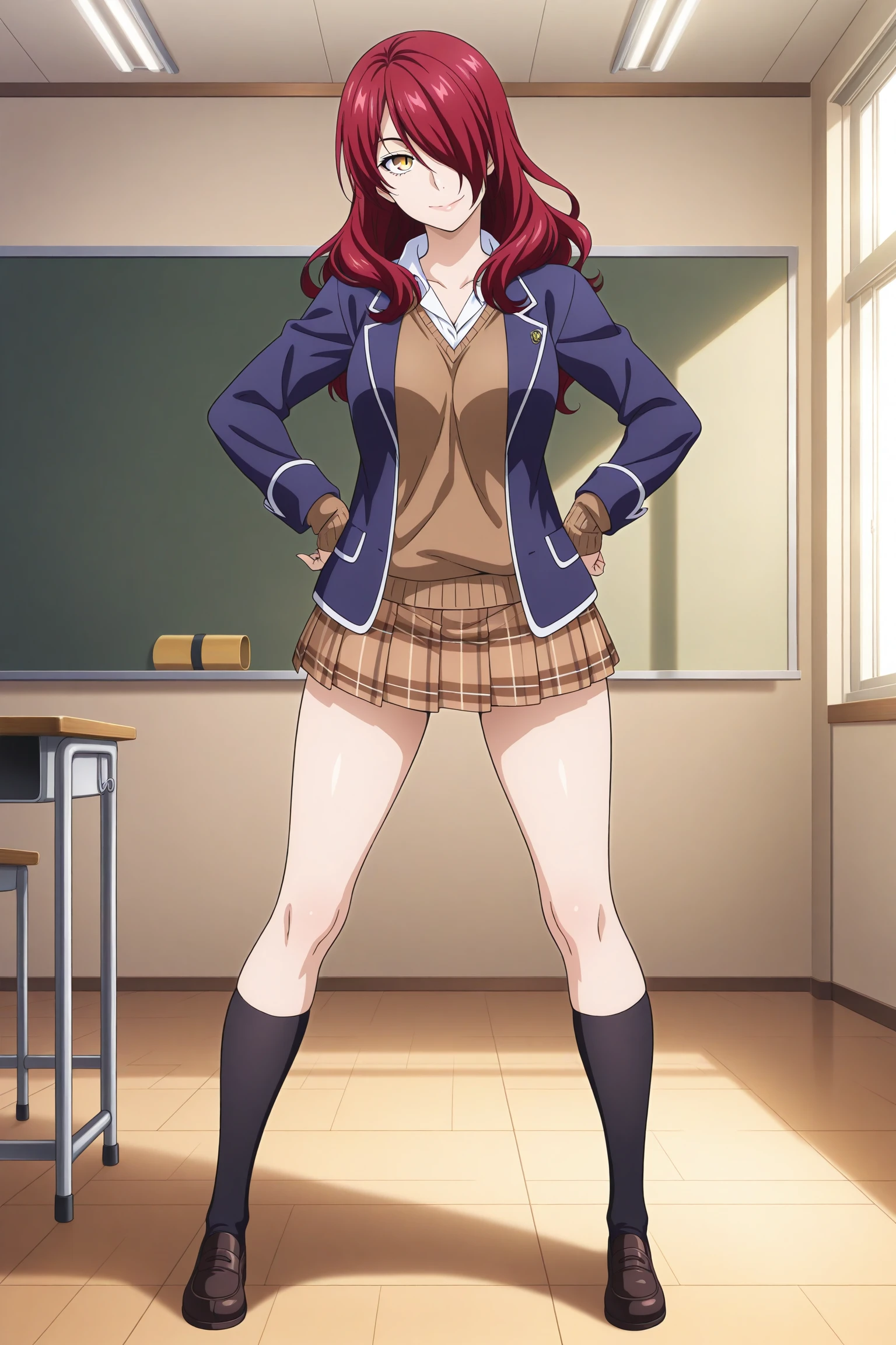 1girl, looking at viewer, indoors, classroom, masterpiece, best quality, amazing quality, highres, absurdres, very aesthetic, high resolution, ultra detailed, perfect details, smile, medium breasts, kobayashi rindou, long hair, red hair, wavy hair, yellow eyes, hair over one eye, slit pupils, school uniform, long sleeves, sleeves past wrists, blazer, blue jacket, white shirt, collared shirt, brown sweater, brown skirt, plaid skirt, pleated skirt, black kneehighs, loafers, <lora:Rindou_Kobayashi_ILXL:0.8>, (mature female:1.1), (full body:1.2), (official_wallpaper:1.5), hands on own hip, microskirt, head tilt