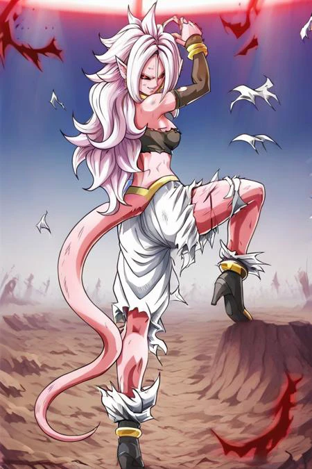 source_anime, score_9, score_8_up, score_7_up, anime screencap,
1girl, evil smile, exploding clothes, majin, ki ball, solo, long hair, breasts, earclip, standing, majin tail, full body, white hair, earrings, detached sleeves, pointy ears, looking back, from behind, bracelet, torn clothes, majin eyes, tube top, aura, torn majin pants, pink skin, majin pants, android 21, majin boots, teeth
<lora:c21_pony_v1:0.8>