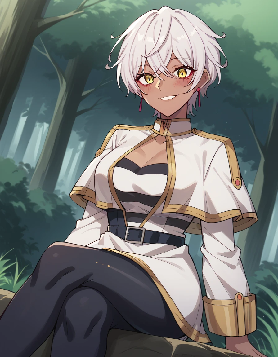 score_9, score_8_up, score_7_up, source_anime, <lora:taktop-hell-s1-ponyxl-lora-nochekaiser:1>, hell, short hair, yellow eyes, white hair, dark skin, dark-skinned female, facial mark, large breasts,, <lora:frieren-cosplay-ponyxl-lora-nochekaiser:1>, frieren cosplay, frieren (cosplay), shirt, long sleeves, jewelry, pantyhose, earrings, striped, black pantyhose, capelet, striped shirt, skirt, white skirt,, forest, sitting, smile, blush, cowboy shot, looking at viewer, , dutch angle, cowboy shot