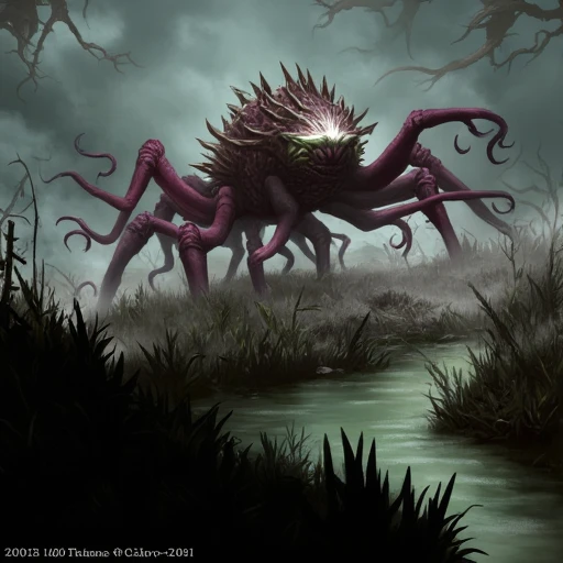 This digital drawing depicts a haunting, fantastical scene in a desolate, swampy landscape. The scene features a monstrous, alien creature resembling a giant, crab-like entity. The creature's body is covered in spiky, segmented exoskeletons, with elongated, writhing tendrils resembling eldritch fingers that seem to move as if alive. Its eyes glow with an eerie, bioluminescent light.