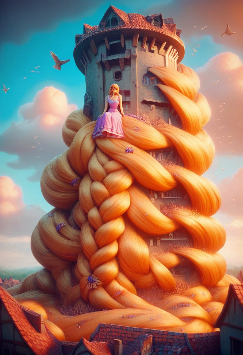 score_9, score_8_up, score_7_up, 
sup3rh41rwr4pp3d,SuperHairHairWrapped, 
1girl, solo, long hair, blonde hair, hair ornament, dress, sitting, very long hair, braid, outdoors, sky, cloud, bird, building, scenery, giant, giantess