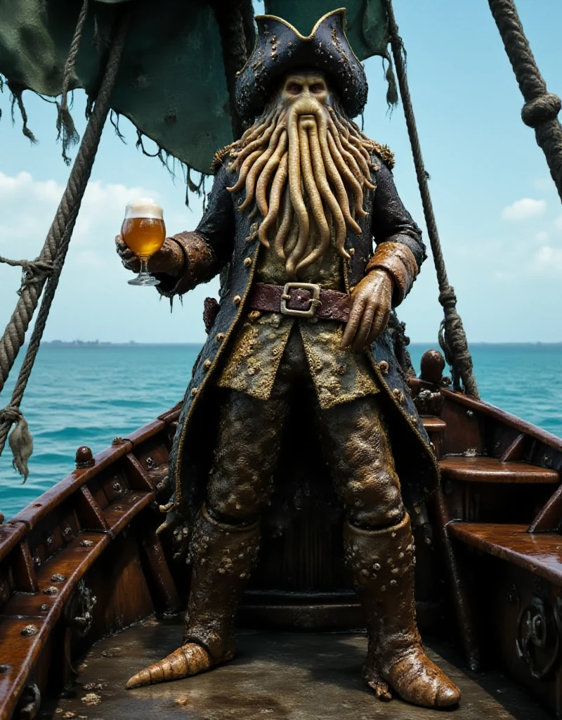 Davy Jones wears a pirate hat and is holding a beer standing on the front of a pirate boat. He has a crabclaw hand and a woodleg<lora:Davy_Jones:0.9>