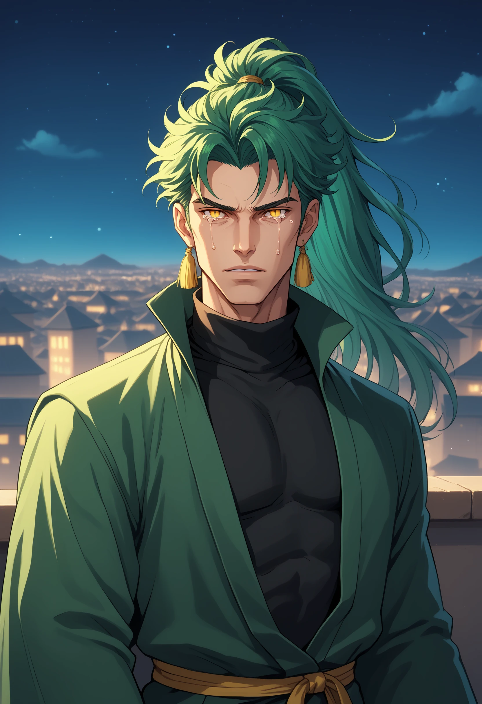 1boy, black shirt, earrings, teal hair, green robe, crying, green tassel, high ponytail, jewelry, long hair, looking at viewer, male focus, parted lips, robe, robe partially removed, shirt, slit pupils, solo, toned, toned male, turtleneck, turtleneck shirt, upper body, yellow eyes, depth of field, balcony, cityscape, beautiful night sky, (summer:1.2), wind swept hair, (specular highlights : beautiful lighting : volumetric lighting:1.05), fxaa , source_cartoon, comic art style BREAK PonyXLV6_Scores