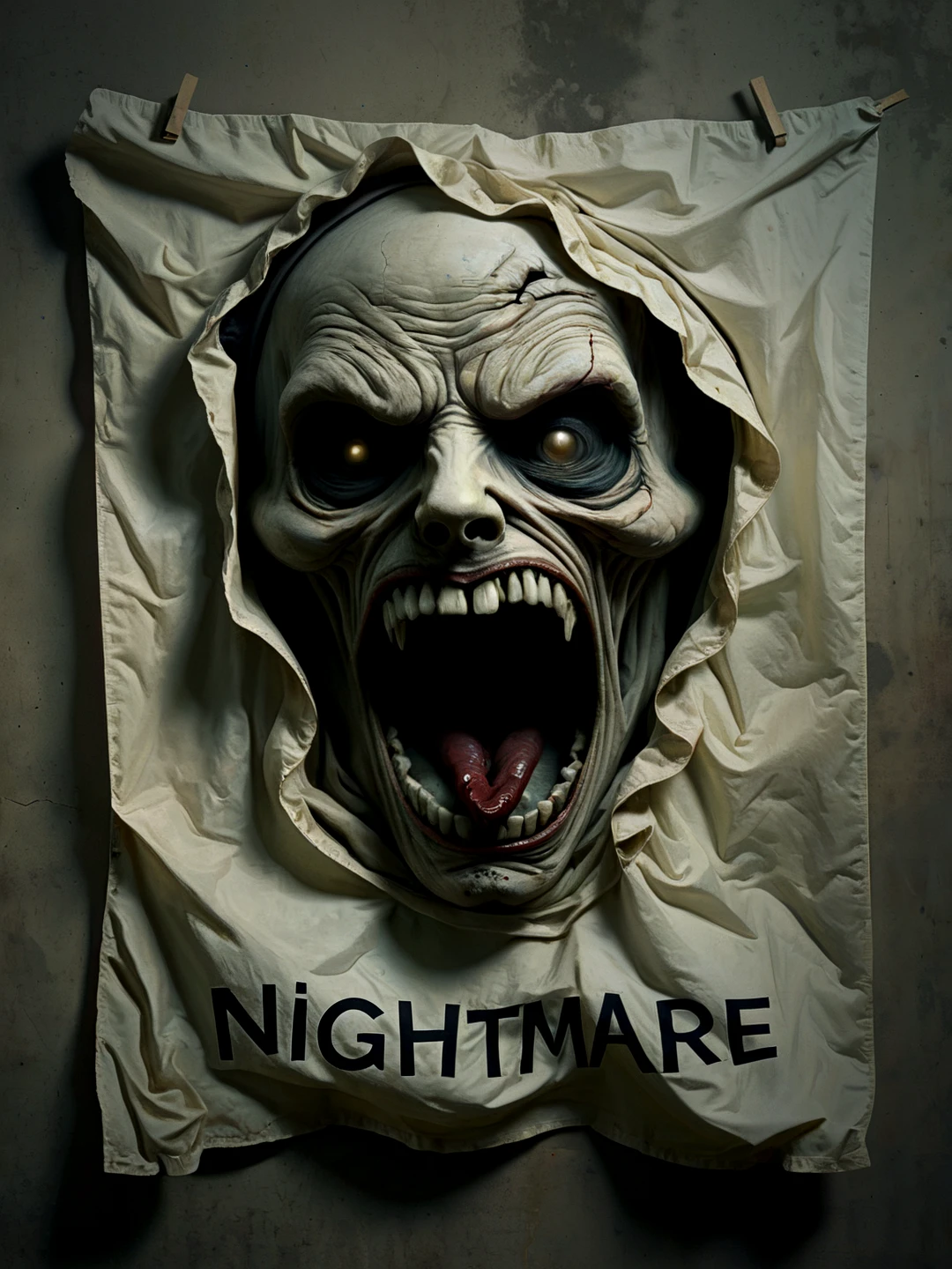 Crumpled nightmare sign, a face. (Text: "Nightmare").

<lora:Nightmare01a_CE_SDXL_64x32x220x2bOT:0.4> nghtmrCE_Style