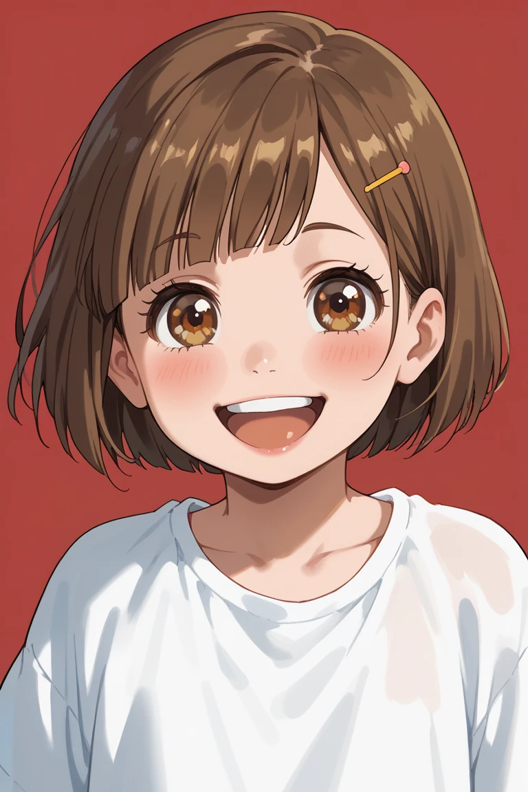 score_9, score_8_up, score_7_up, source_anime, rating_safe, day, female child focus, MiriBD. looking at viewer, brown_Miri_female hair, brown_Miri_female eyes, wide smile, open mouth, happy, 1female child, portrait, simple plain red background, intricately detailed illustration