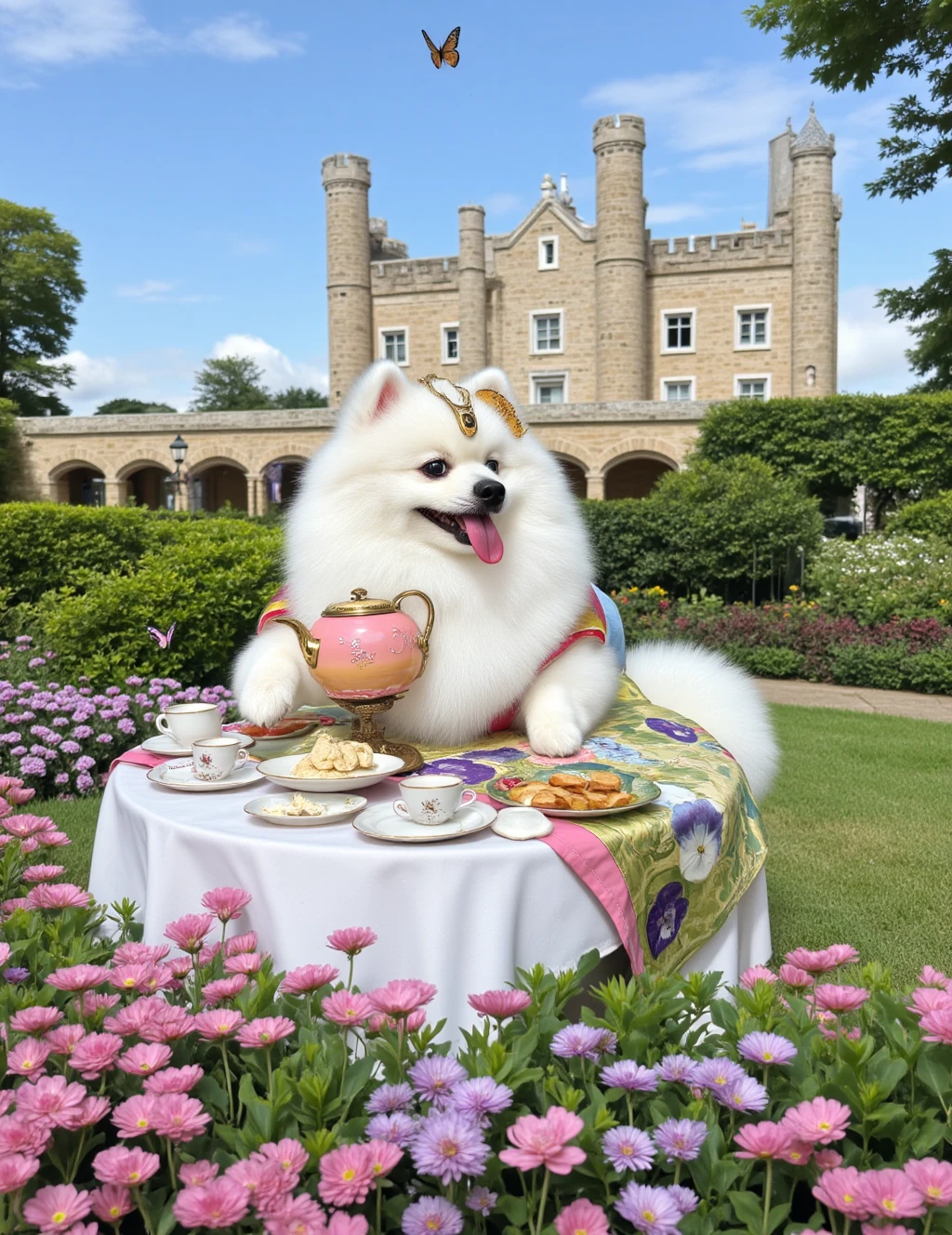 photorealistc, a white dog, shrimp_hk, sitting at a table in a garden with a castle in the background. The white dog is wearing a colorful outfit holding a teapot and cups in its hands and appears to be enjoying a tea party. The table is covered with a white tablecloth and is set with plates, cups, and saucers. The garden is filled with pink and purple flowers and there are butterflies flying around the table. The castle is made of stone and has multiple towers and turrets. The sky is blue with a few clouds and the overall mood of the image is peaceful and serene.