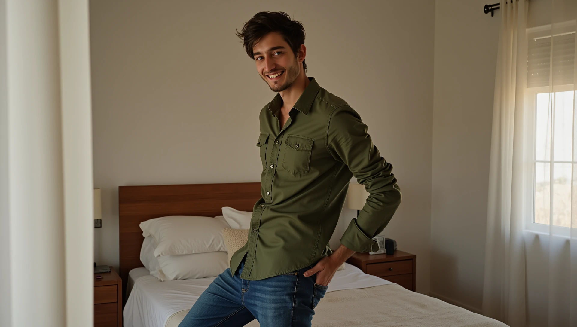 (smile, Luca, 21 yo male) blue jeans, luxury green shirt, standing in his bedroom, natural light shine on his face, looking at camera. He is about to embrace the viewer