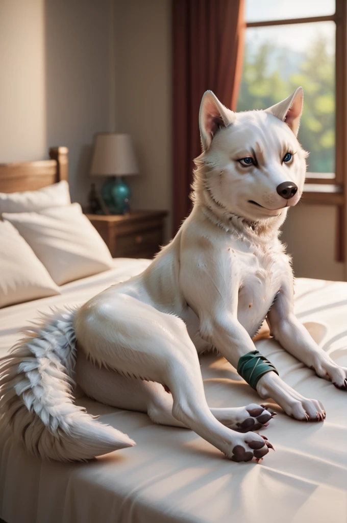 source_furry, score_9, score_8_up, score_7_up, (pryna_xv, dog, feral), white fur, detailed fur, furry, fluffy, blue eyes, detailed eyes, paws, tail, green bandage, <lora:FF_Pryna08:0.8>, indoors, bedroom, on bed, lying on side, look to viewer, zPDXL2, zPDXLpg, zPDXLrl, shaded, best quality, highly detailed, extreme detail, photorealistic