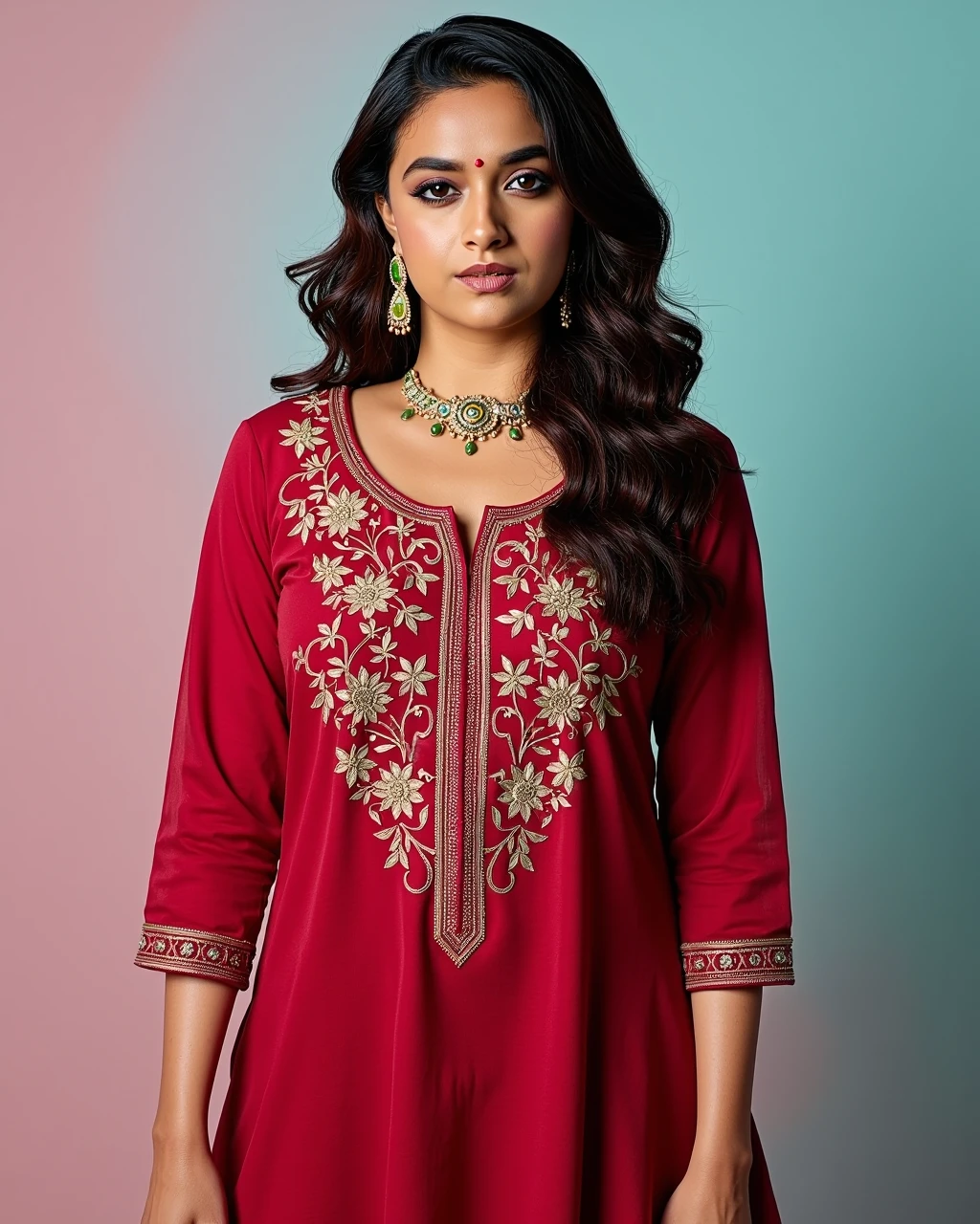 full body photo of a Keerthy Suresh woman,candid photo with natural colors, pouting expression on face,studio quality, wearing intricate conservative long sleeved Crimson Pants_kurta, curls, pastel shaded multicolored background, cinematic soft lighting<lora:TestBed\Keerthy_Suresh_2024_Flux_Kohya_V2.safetensors:1.0:1.0>