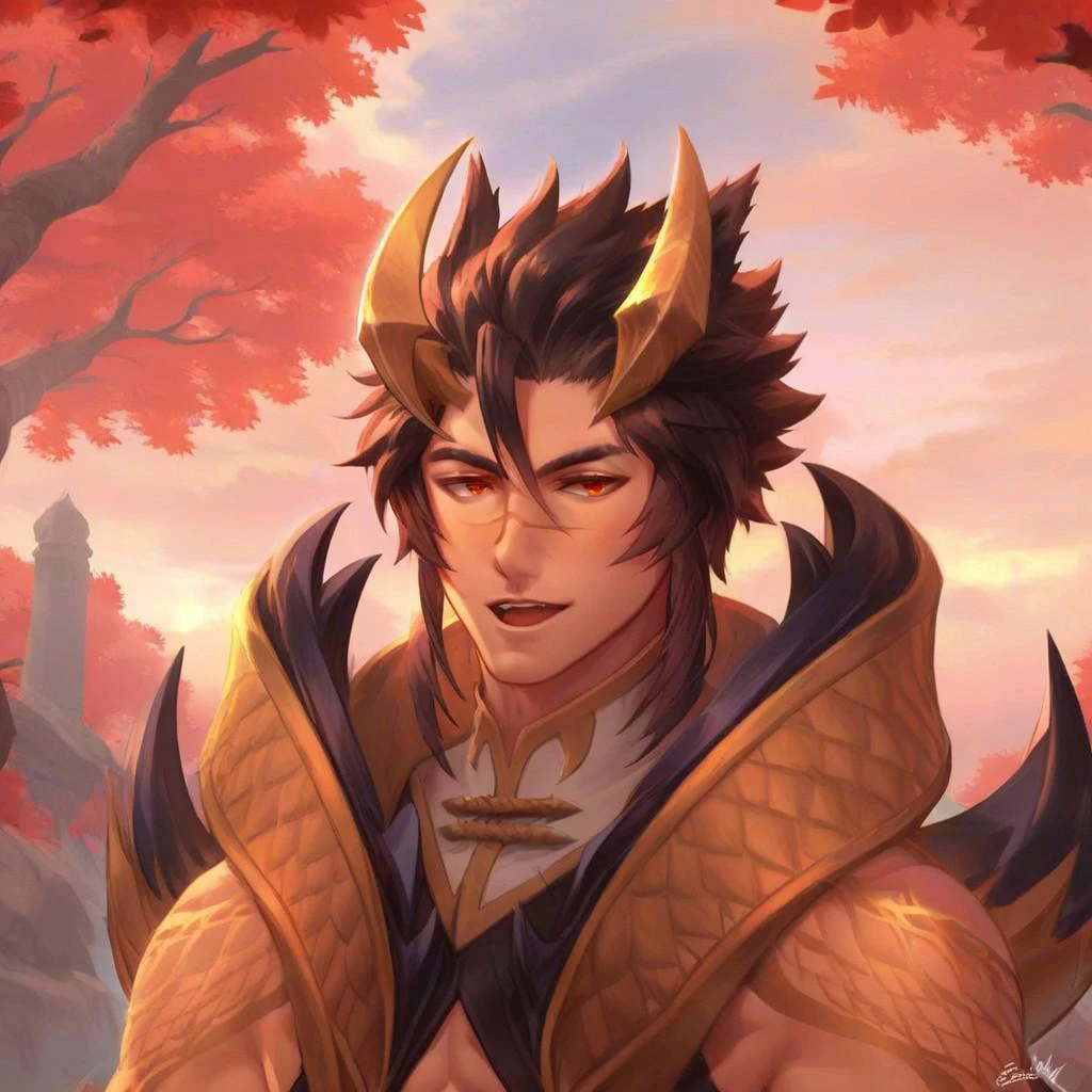 score_9, score_8_up, score_7_up, source_anime, anime, anime coloring, looking at viewer, 1boy, solo, male focus, abs, muscular male,  bust shot, seductive smile, open mouth, Obsidian Dragon Sett, black hair, scar on nose, red eyes, outside, in a park