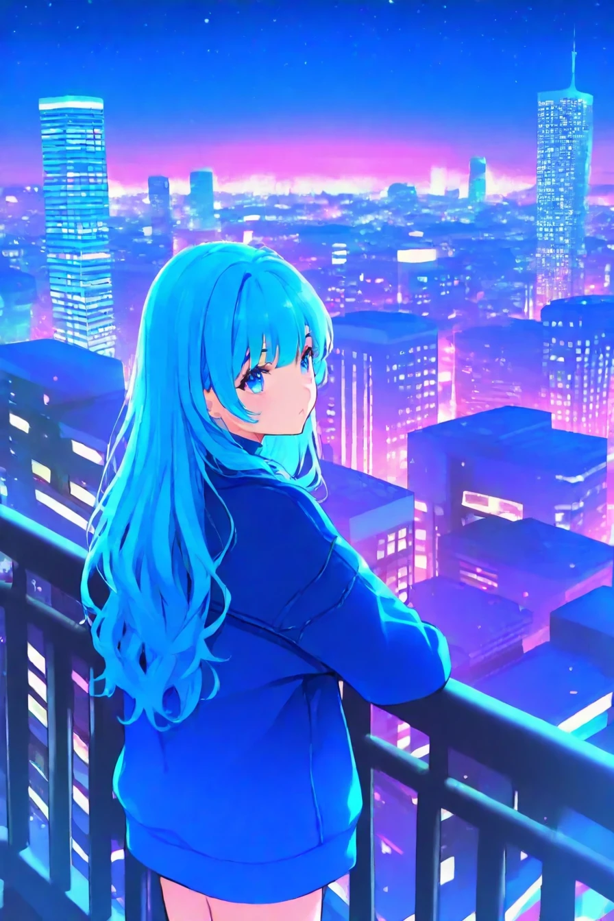 score_9, score_8_up, score_7_up, score_6_up, score_5_up, score_4_up, lofi_style, lofi, 1girl, blue hair, blue eyes, <lora:Lofi_style:1>, railing, cityscape, sky, star (sky), masterpiece, highres