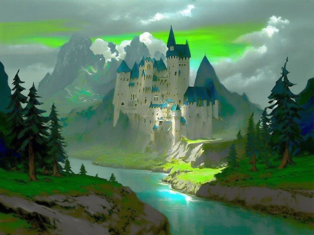 oil paint of a fantasy landscape, castle, rivers, forest, clouds, __background__, colorful, detailed, masterpiece, iridescence, __color__,  __epoch__, glowing, architecture