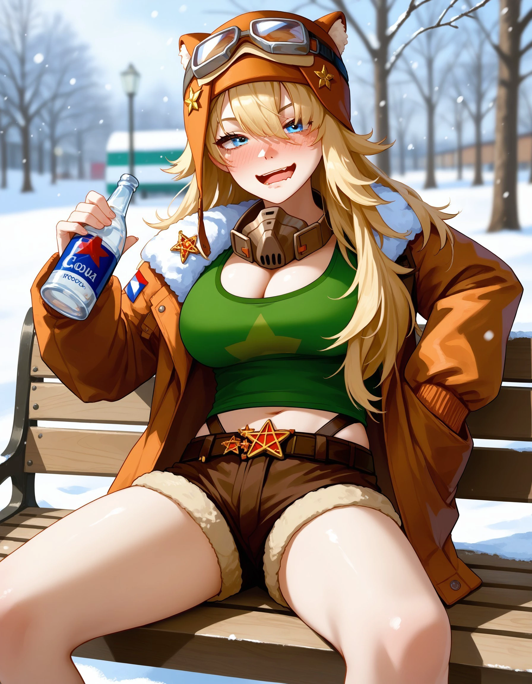 score_9, score_8_up, score_7_up, rating_explicit, source_anime, outdoors, park, snow, snowing, russia, depth of field, bokeh, scenery, 
BREAK
1girl, lilyadef, blonde hair, long hair, blue eyes, large breasts, cleavage, winter clothes, bomber jacket, green tank top, short shorts, brown shorts, highleg panties, belt, mask around neck, aviator cap, goggles on headwear, looking at viewer, head tilt, holding bottle, alcohol, vodka, russian text, (drunk, wavy mouth, smirk, open mouth), sitting, bench, arm support, spread legs, 
<lora:r1999lilya-pdxl-ravenfoot-v1-CAME:1.0>