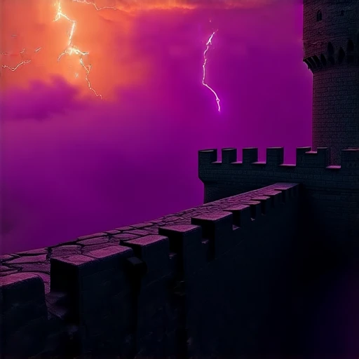 cpolldreamyfortress, cpolldfotfwl, on the fortress wall, otherworld, above the fortress wall, fortress wall, outdoor, orange sky, orange lightnings in sky, vivid purple mist, purple lightnings in vivid purple mist