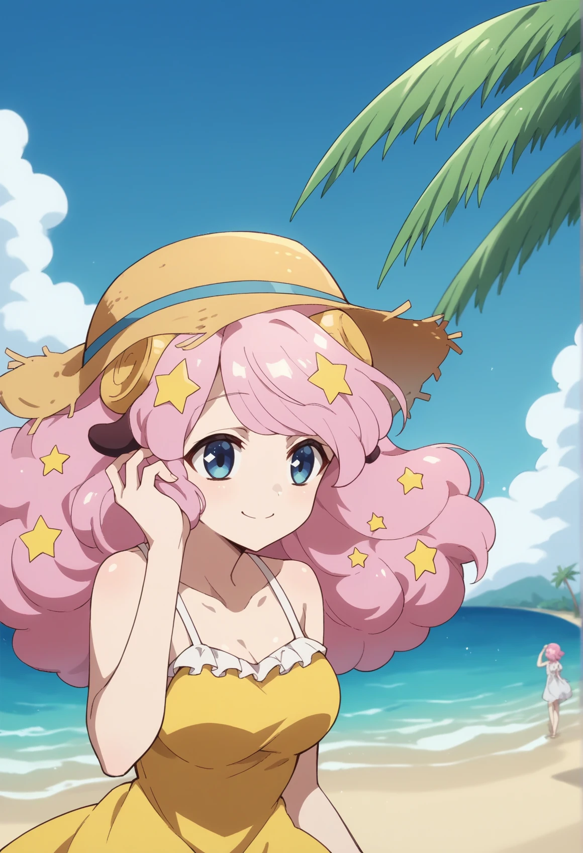 1girl, pink hair, fluffy hair, blue eyes, star (symbol), hair ornament, horns, sundress, suspender slip, smile, hand on hair, wind, outdoors, beach, palm tree, straw hat <lora:show_by_rock_moa:0.8>, score_9, score_8_up, score_7_up, score_6_up, score_5_up, score_4_up, BREAK source_anime, masterpiece