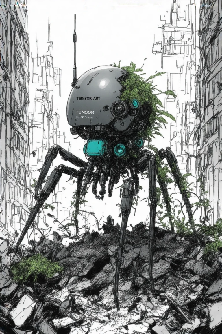 This is mostly  black and white, highly detailed manga illustration depicting a tiny,  nihei mechanical creature  nihei  in it habitat traversing a pile of rubble in a fallen metropolis of broken skyscrapers overgrown with green vegetation and oakish moss fronds growing in the cracks of broken infrastructure reclaimed by nature after 5000 years into the future. The  nihei creature, resembling a mild mannered mechanical spider, has a spherical, bulbous head with numerous mechanical appendages and sensors. Its body is composed of intricate, interwoven metallic structures, with cables and tubes connecting various components. The creature's eyes, located on the top of its head, are large and bulbous, with intricate detailing within the lenses.

 This image is a digital drawing in a stylized, modern comic book art style. It features a futuristic, robotic character named "TENSOR ART" prominently displayed in the center. The robot is primarily carbon gray pistons and joints , protected by turquoise armor covering its body  with a sleek, mechanical design. It has a spherical head with a single, circular eye and a large, round antenna. The torso is cylindrical with several circular, metallic panels. The robot's arms and legs are jointed and appear to be capable of movement, with detailed mechanical parts visible.

The scene evokes a sense of awe and fear