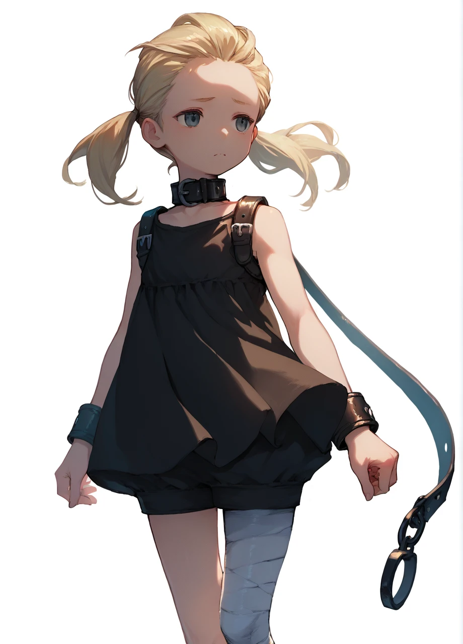 <lora:Nier_FioLevania-PONY:0.8> 1girl, solo, nierfio, blonde, twintails, collar, cuffs, black dress, bandaged leg, cowboy shot, white background, score_9, score_8_up, score_7_up, score_6_up,