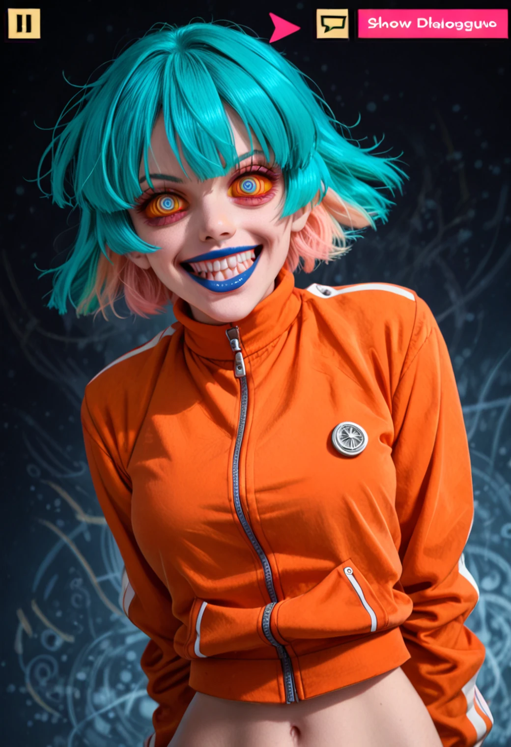 score_9, score_8_up, score_7_up, low angle,
<lora:Katrina:.95> katrina, turquoise hair, blue lipstick, blue nails, red eyeshadow, 1girl, short hair,  ,  , bangs, sharp teeth, ringed eyes, colored sclera,  grin,  
,<lora:Expressive_H:1> expressiveh <lora:Eyes_High_Definition:0.25> eyeshd
(extremely detailed faces), 1girl,  ,  , wearing jacket,long sleeves, orange jacket,   admiring, attentive, perfect teeth, perfect eyes, 
beach scene,
detailed background,
dramatic light, perfect shadows,
by Serpieri, ph4nt0m01l, Expressiveh,
pose difference, depth of field,
dramatic poses, dramatic expressions, hands behind back, sexy pose,
dramatic angle  <lora:Eyes_High_Definition:0.25> eyeshd <lora:Expressive_H:1> expressiveh