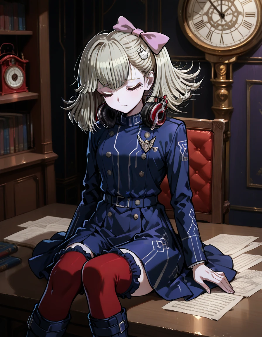 (((solo))),  closed mouth, masterpiece, best quality, good quality, newest, <lora:Pucci_Lavmin_Illustrious:1>,  masterpiece, best quality, In the art style of Rui Komatsuzaki, artist: Rui Komatsuzaki, The image is in danganronpa sprite style. . Pucci Lavmin is wearing her Rain Code light uniform. Pucci Lavmin wearing a navy blue double-breasted jacket with gold buttons and a matching skirt. She has a medal on the left side of her chest. Her skirt has black lace along the hem and she is also wearing black and purple boots with red thigh high socks that have black ruffle trimming. Her short blonde hair is parted to the side and styled with a pink bow on the back and a bunny hair clip on her left side. She has a pair of red headphones. Pucci Lavmin is sitting in the library of Rain Code's academy, her eyes closed as she listens to the faint sounds of a classical music piece playing from an old gramophone in the background. Her headphones rest around her neck, ready to be used if the noise outside the library becomes overwhelming. The room is filled with the soft hum of turning pages and the ticking of an antique clock.