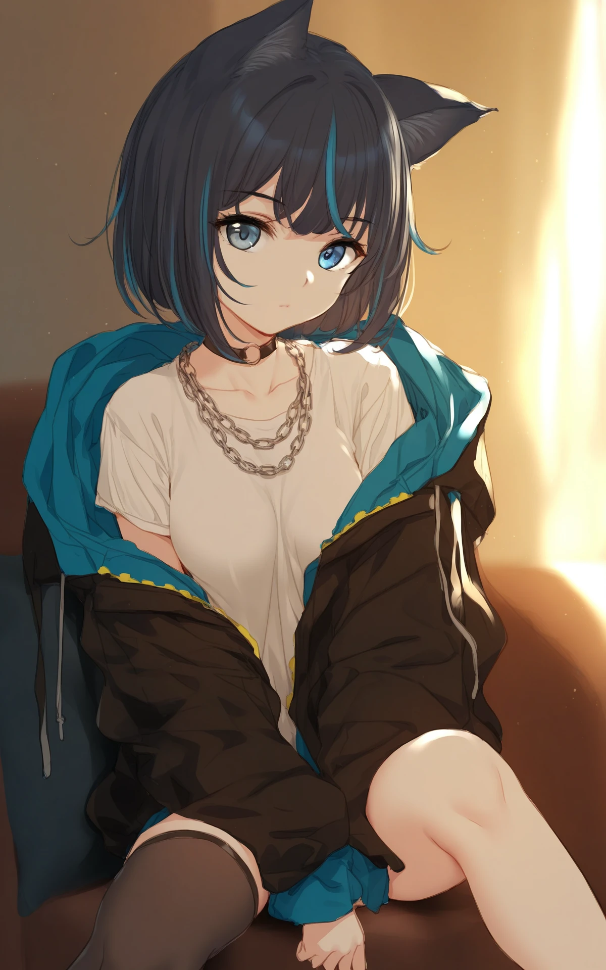 1girl,Girimi Default, heterochromia, solo, hood down, streaked hair, black jacket, blue hair, shirt, blue hooded jacket, looking at viewer, blue eyes, multicolored hair, white shirt, long sleeves, girimi, cat ears, (yd \(orange maru\):0.8),(chain necklace:0.9), (bison cangshu:0.9), (single torn thighhigh:0.8),(single thighhigh:0.8), (large breasts:0.66), 

very aesthetic, masterpiece, best quality, very aesthetic, highres, absurdres, sensitive, 

(kedama_milk:0.4), (ke-ta:0.2), (40hara:0.2), (wlop:0.2), highres, detailed (foot focus:0.3) , 










