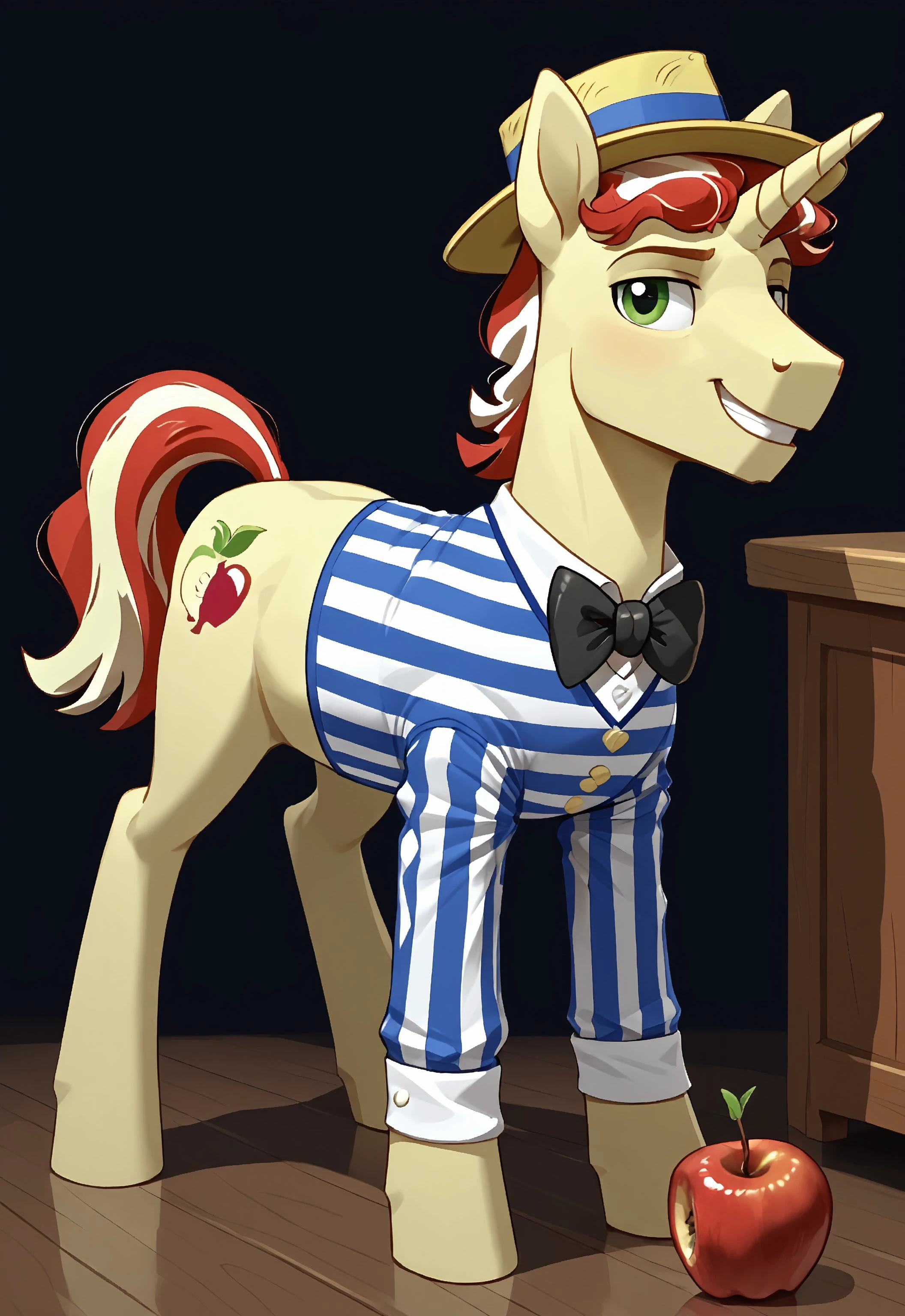 safe_pos, safe_pos, score_9, score_8_up, score_7_up, rating_nsfw, ultra hd, absurdres, solo, masterpiece, best quality, best aesthetic, Expressiveh, wolfconf,

MLPFlim, flim_redhair, flim_quartercutiemark, unicorn, bowtie, striped shirt, holding apple, smiling, horny, looking at viewer, legs spread,, pony, on all fours