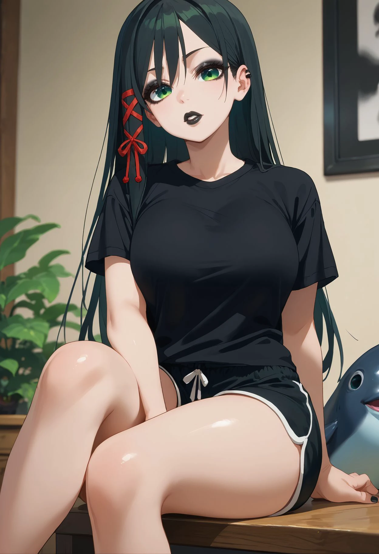 score_9,score_8_up,score_7_up, <lora:amagami_yae_pdxl_goofy:1> amagamiYae, black hair, green eyes, long hair, hair ribbon,red ribbon ,1girl, black shirt, short sleeves, t-shirt, large breasts, black lips, makeup, dolphin shorts, short shorts, sitting,gothic, goth girl,