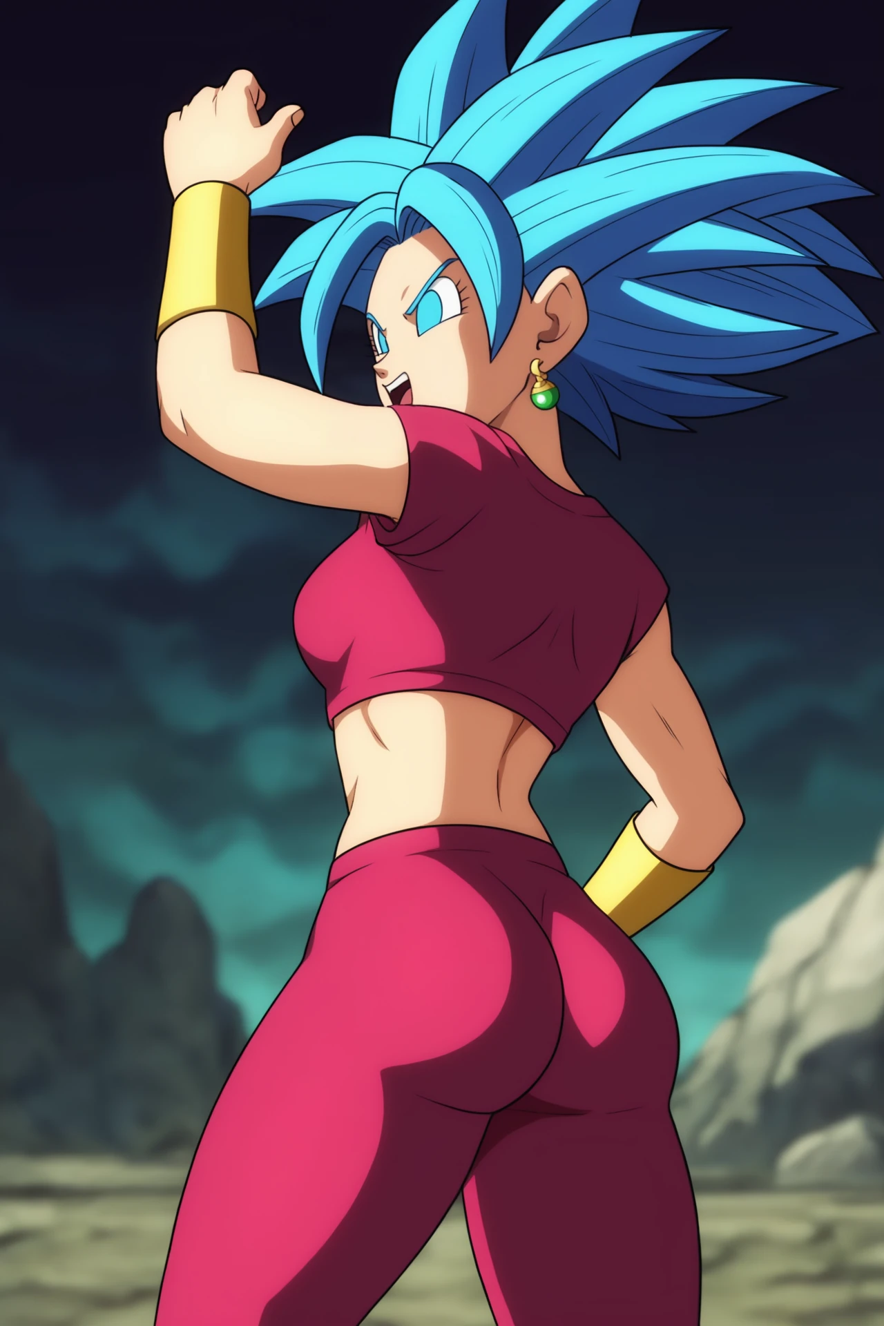 source_anime, score_9, score_8_up, score_7_up, anime screencap, high quality, 8k, absurdres, 
kefla \(dragon ball\), super saiyan blue, official style, 1girl, solo, looking at viewer, from side, spiked hair, big hair, blue hair, eyelashes, blue eyes, potara earrings, purple topwear, crop top, short sleeves, midriff, navel, vambraces, form fitting, yoga pants, purple bottomwear, cowboy shot, ass, arm by side, arm up, v-shaped eyebrows, thumbs up, upper teeth, open mouth, fingernails, green sky, blue aura, rock, mountainous horizon
 <lora:kefla_remake_pony_v1:0.8>