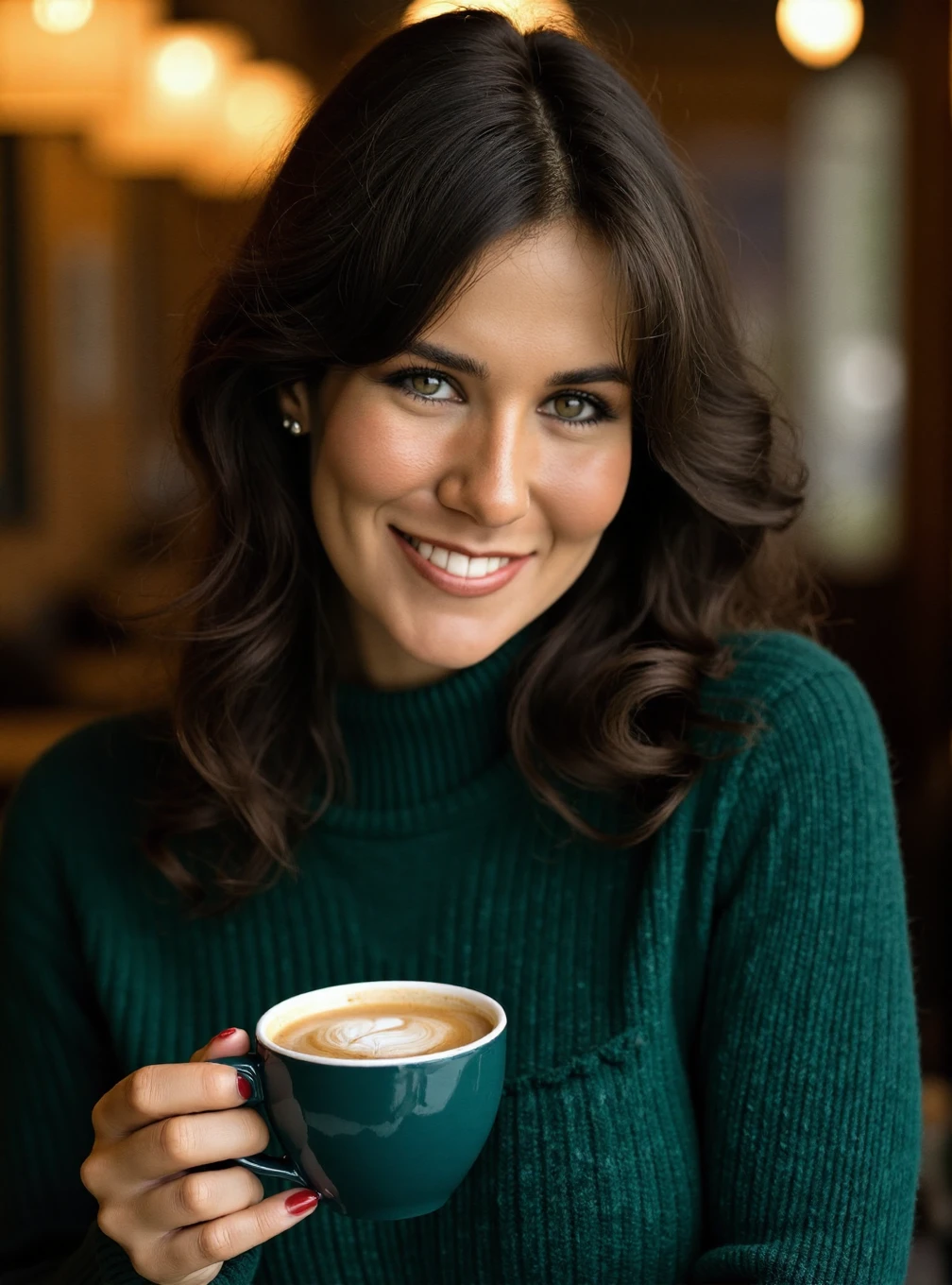 A professional photograph of a 28yo woman Linda_Lusardi wearing a dark green cableknit sweater in a cafe, holding a latte, detailed skin, bokeh, female focus, SFW <lora:Linda_Lusardi:1>